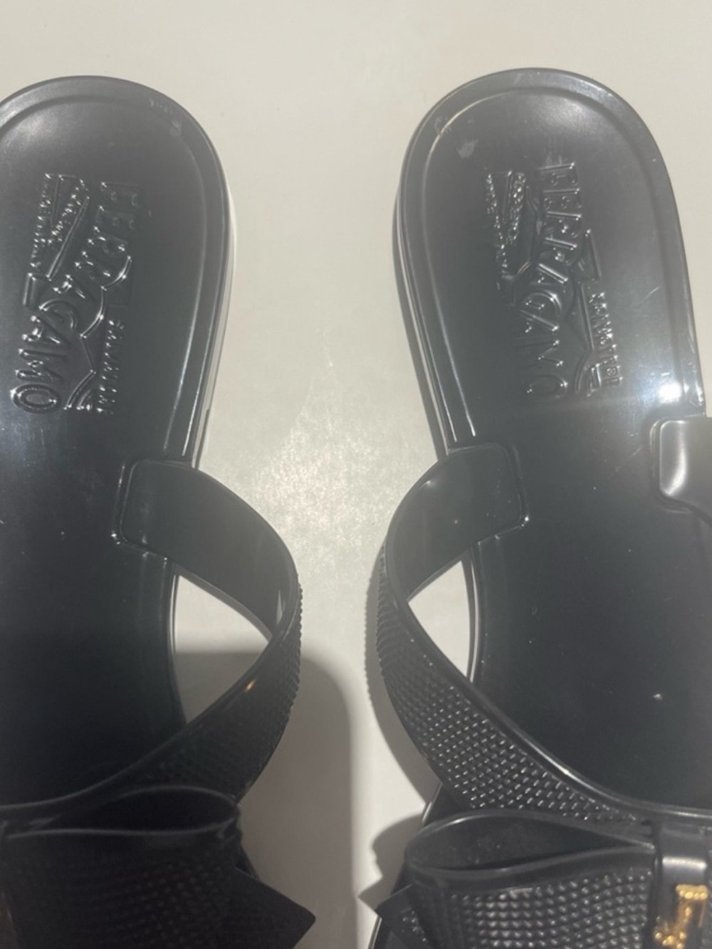 Salvatore Ferragamo Black Bow Jelly Thong Sandals with Gold Logo Accent - Picture 8 of 13